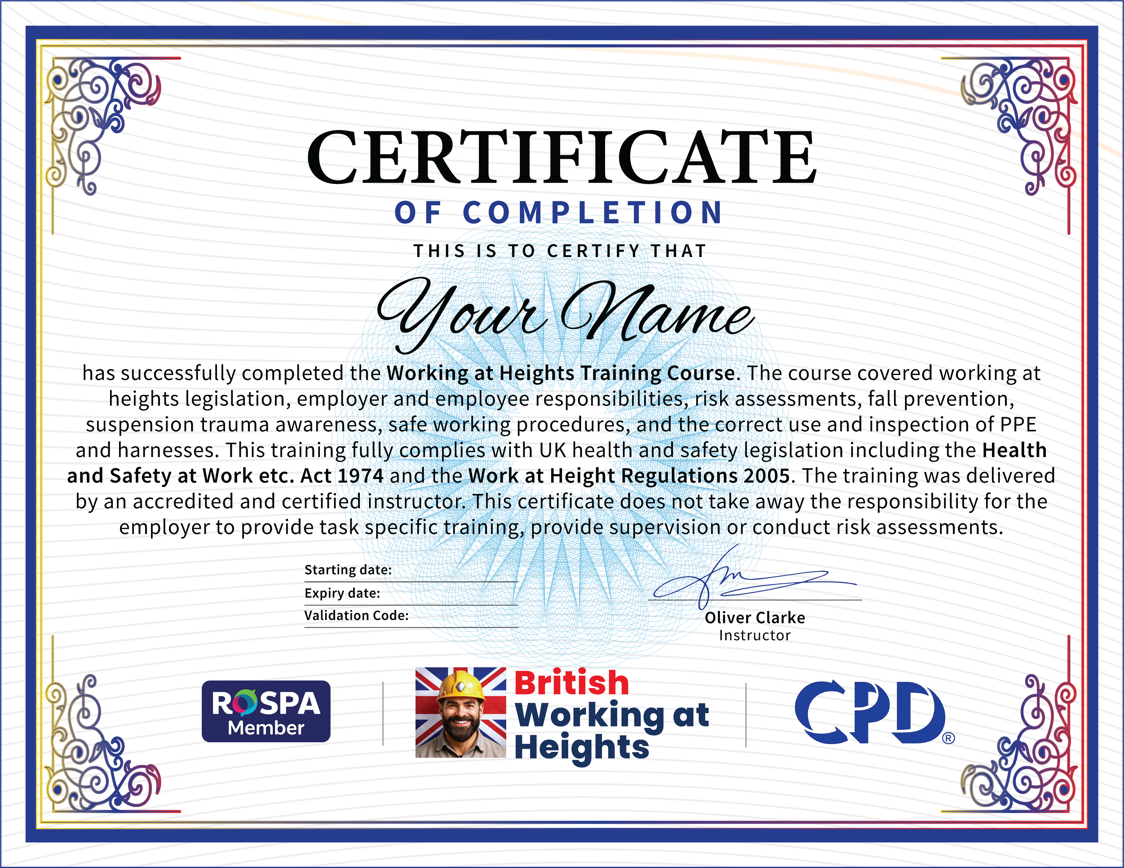 Official Working at Heights Certificate - CPD accredited Working at Heights Certificate from British Working at Heights UK - Instant Download